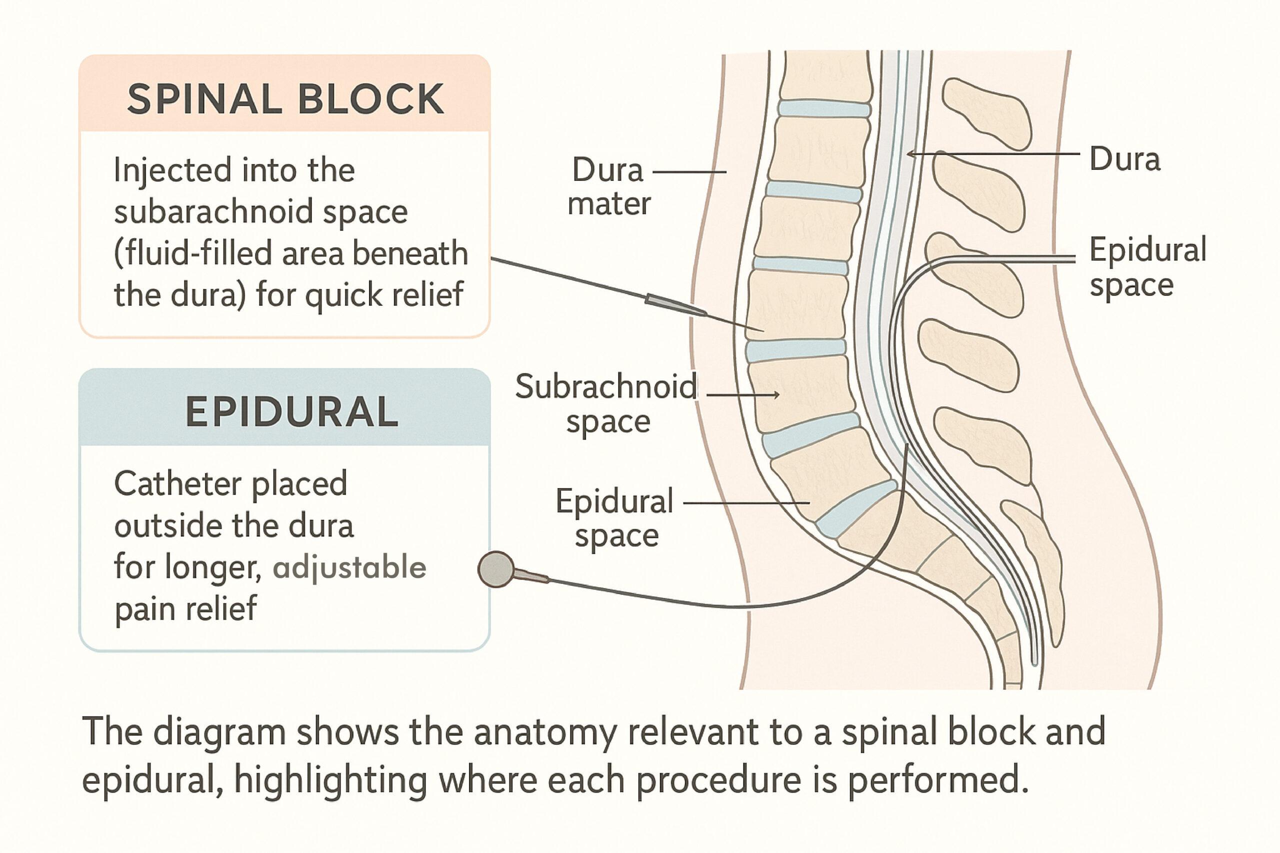 Diagram showing spinal block and epidural injections in the lower back